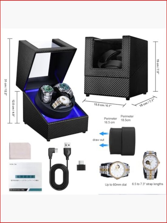 Watch Winder with LED Light Japanese Quiet Motor 4 Rotation Modes USB-C main image 6